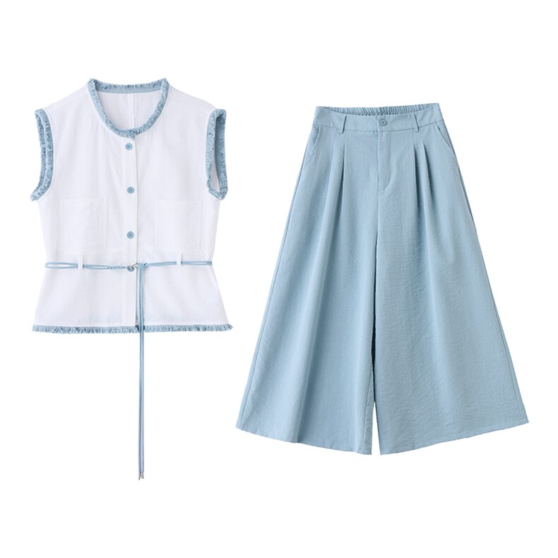 气质新中式风套装女2025夏新款高端复古汉服小香风阔腿裤子两件套,女装套装/套裙,悠米