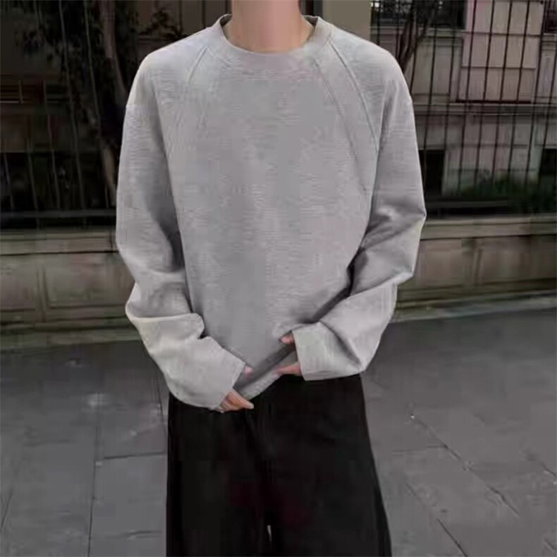 抖音得物品质26春装美式高街宽松曼巴棉螺纹拼接卫衣圆领长袖T恤,男装T恤,电商A443