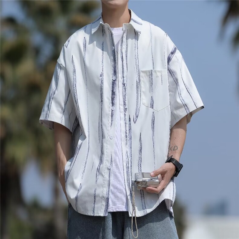 港风宽松休闲男士条纹短袖衬衫夏季潮BK203-P30,男装衬衫,星座1109-3