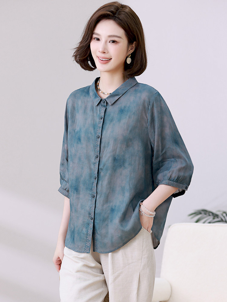 纯苎麻衬衫女五分袖2024新款夏季印花衬衣,女装衬衫,忆绮罗