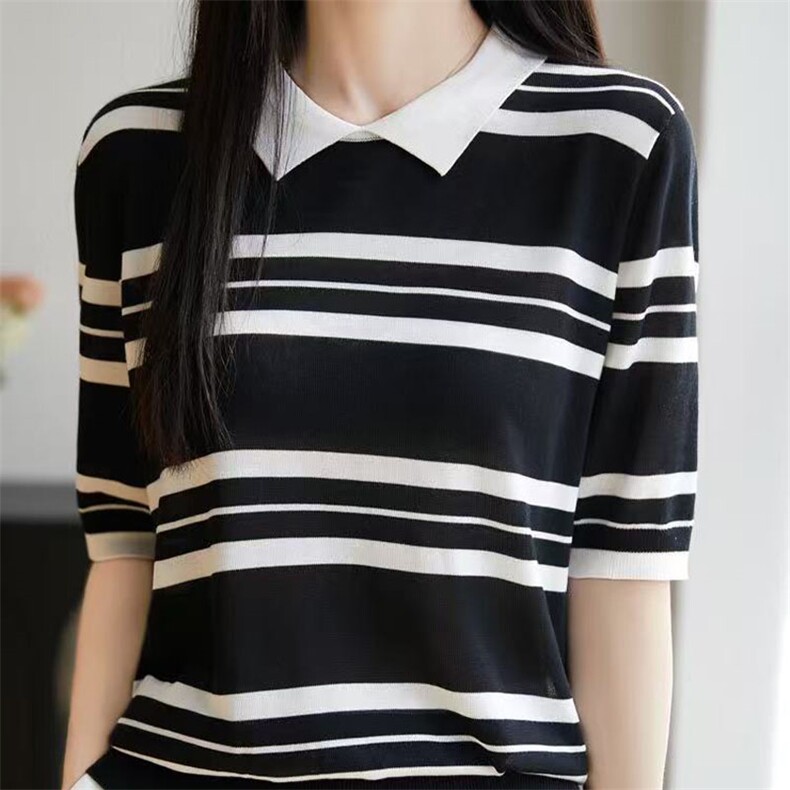 夏款莱赛尔天丝娃娃领条纹短袖女半袖T恤Polo翻领针织衫上衣,女装T恤,萱芳婷羊绒