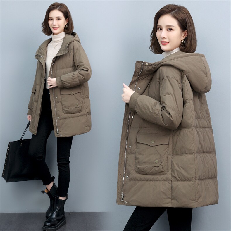 时尚保暖女士连帽羽绒服修身显瘦长款外套,女装羽绒服,文熹诺