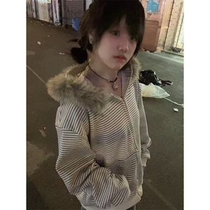 自家爆图 毛领连帽卫衣外套韩系宽松设计感条纹上衣外套FNN01-P65图片
