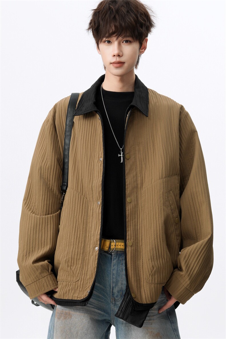 撞色假两件翻领夹克男2026春季宽松复古休闲外套潮J2606P85控118,男装夹克,电商A157