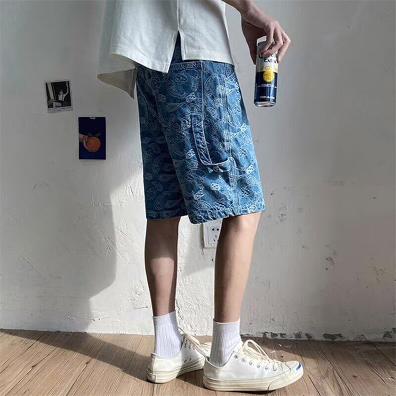 夏季日系潮牌腰果花牛仔短裤男韩版潮流五分裤港风宽松学生,男装牛仔裤,星座506A