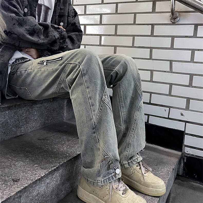 秋款男牛仔裤工装拼接侧边单排扣拉链休闲直筒长裤NK728P55,男装牛仔裤,星座1013-1