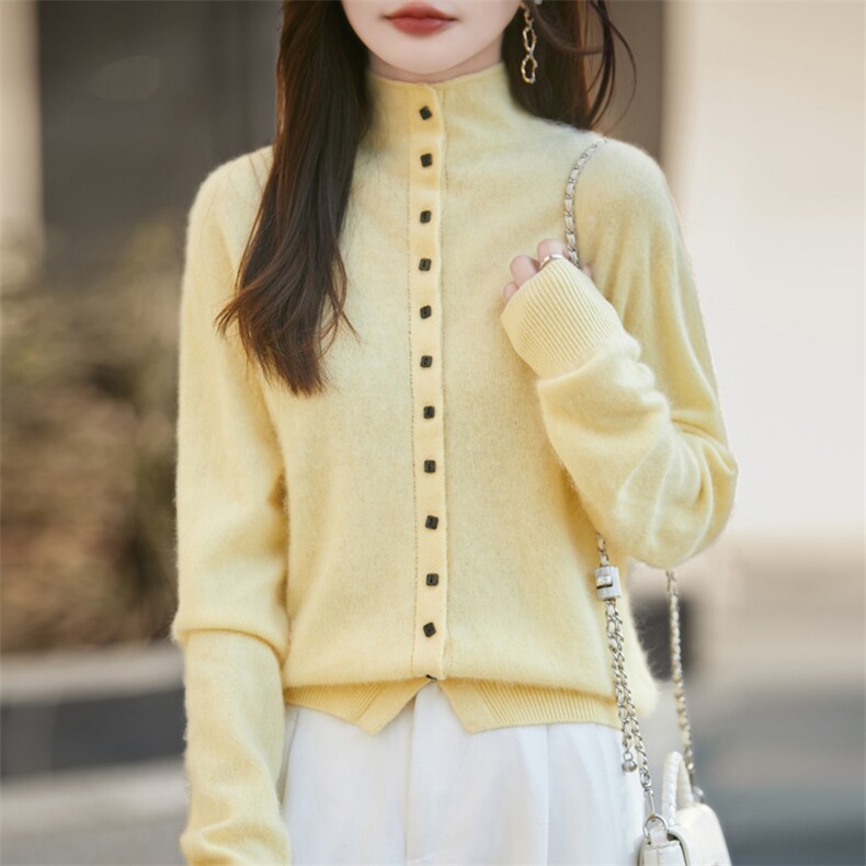 2025年秋季时尚百搭通勤休闲排扣卷边开衫，女装羊毛衫，昭美羊绒