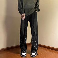 潮高街排扣牛仔裤男拉链开衩设计感宽松直筒拖地裤子N4004-P57，男装牛仔裤，星座1109-3
