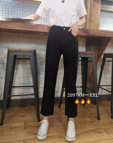 2021新款裤脚开叉牛仔棉小直筒裤黑、白两色，女装，简 影