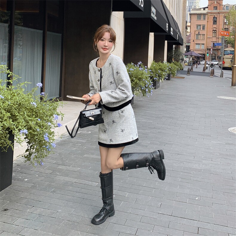 现货！刺绣小香风时尚套装女2024秋季新款女装两件套半身裙套裙子,女装套装/套裙,慧尚依恋