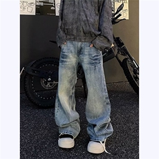裂纹设计水洗浅牛仔裤男款美式潮流休闲百搭宽松直筒长裤NZ7053，男装牛仔裤，星座516A