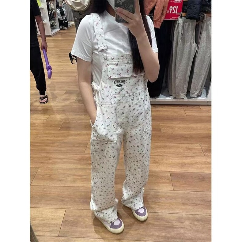 日系可爱清纯风白色牛仔背带裤女印花少女连体裤宽松显瘦长裤子潮,男装牛仔裤,星座506A