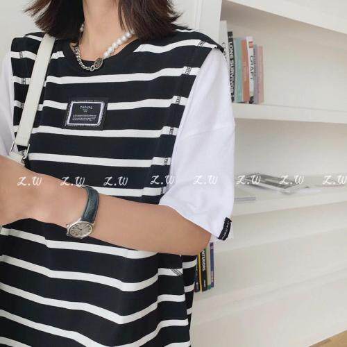 夏季新款拼接连衣裙休闲条纹，女装连衣裙，AT(2F)