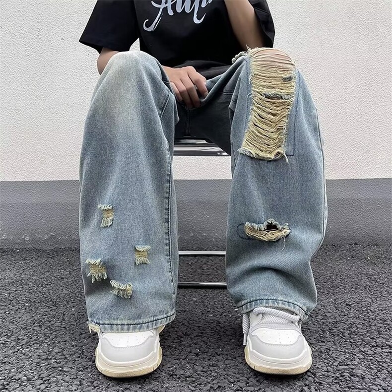 夏季美式复古水洗做旧破洞牛仔裤男高街宽松直筒长裤潮N0081-P45,男装牛仔裤,星座308B-1