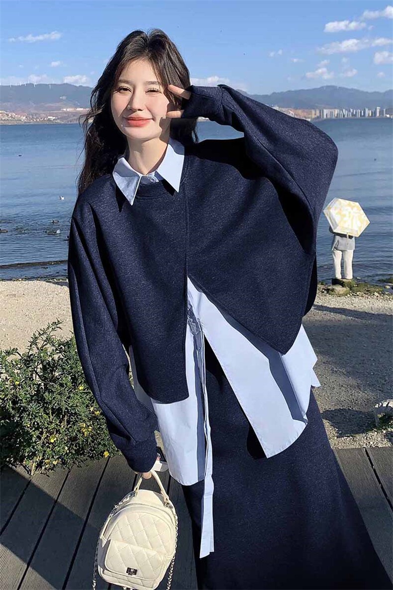 开春穿搭一整套女2025新款今年流行设计感假两件上衣阔腿裤两件套,女装套装/套裙,2C133