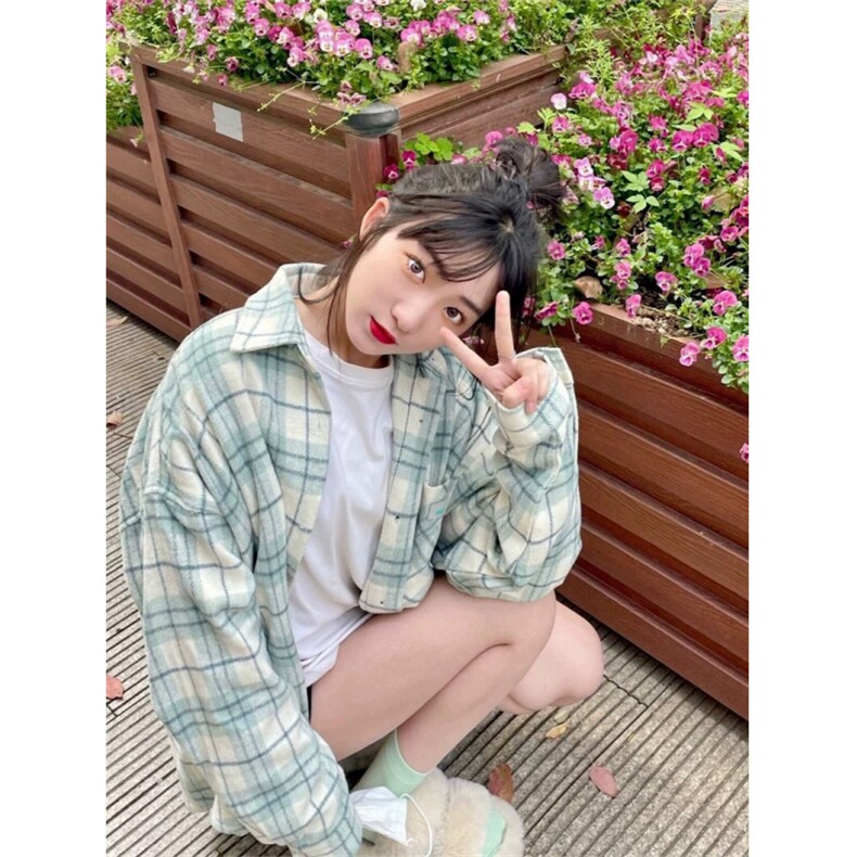 TC710-P45 新款衬衫 绿色格子衬衣 内搭设计感小众高级感长袖上衣图片