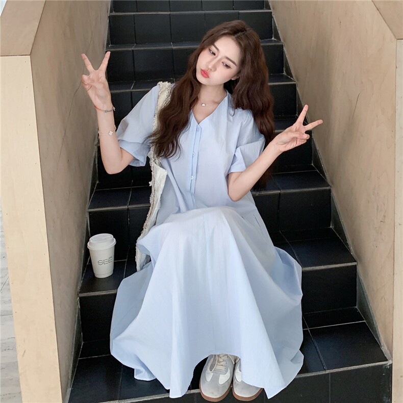 学院风蓝色连衣裙女2025夏季新款韩系小清新甜美减龄小个子衬衫裙，女装连衣裙，慧尚2-185