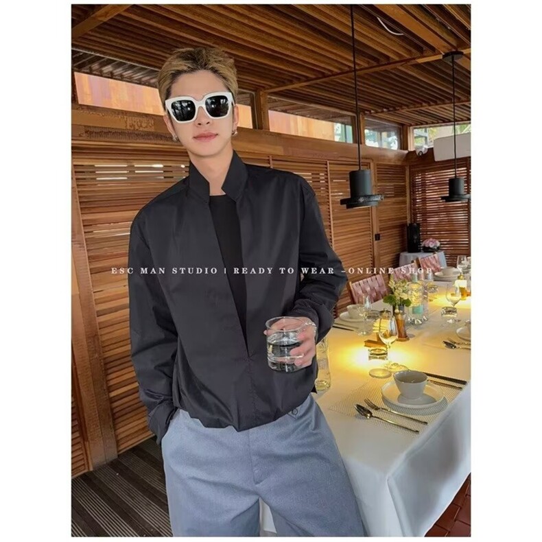 2025美式小众设计春秋极简风韩系休闲衬衫肩部拼色ins长袖衬衫男，男装衬衫，星座506A