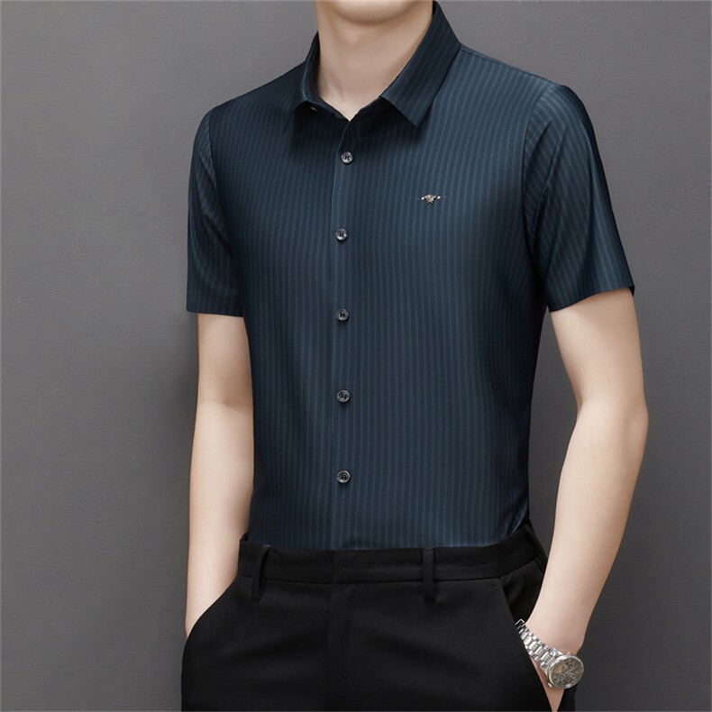 2023夏季新款男士商务休闲短袖衬衫时尚翻领无痕T恤MJ9002-P75,男装衬衫,星座1105-3