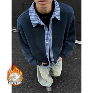新款450g重磅银狐绒假两件格子男卫衣外套W5436J加绒-特P55控99图片