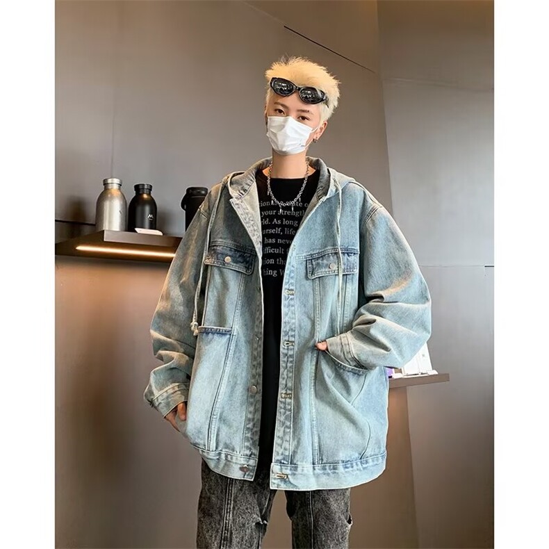 复古做旧水洗连帽牛仔外套男春秋季新款美式潮牌痞帅工装夹克上衣,男装夹克,星座410-7