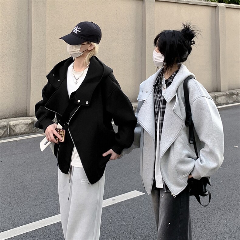 抖音得物品质26春装美式重磅结构斜拉链高领连帽卫衣开衫外套W61,女装短外套,电商A486-1