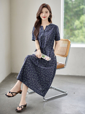 时尚碎花棉麻短袖连衣裙女2026夏季新款收腰显瘦休闲气质V领裙子，女装连衣裙，倪叶myz