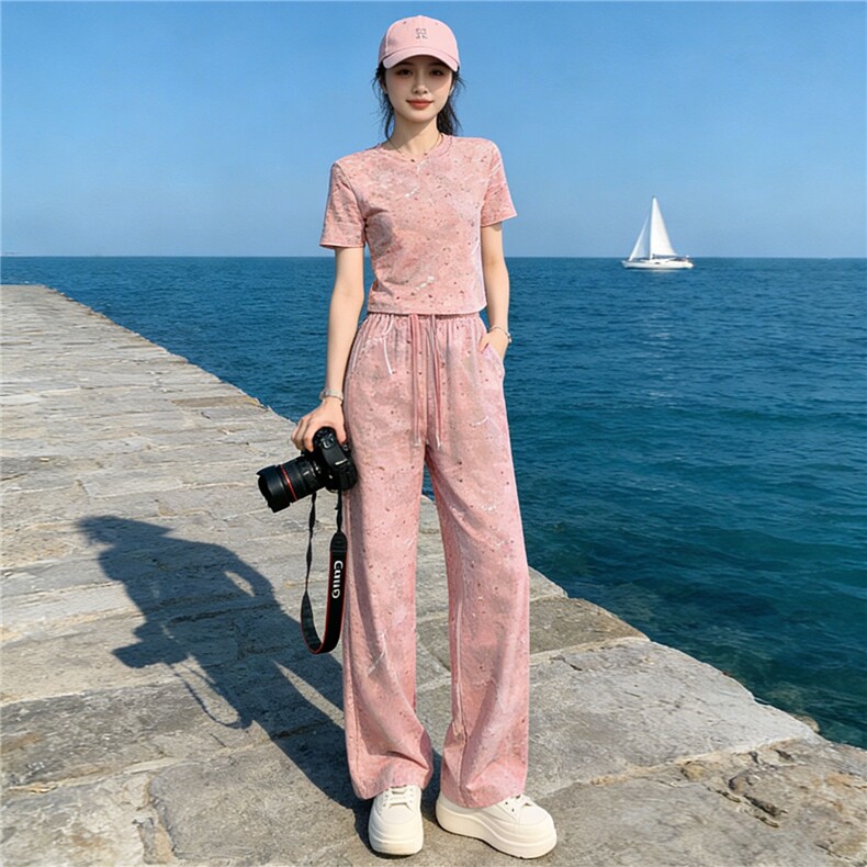 女夏季欧货潮流时尚运动休闲套装粉色扎染短袖上衣阔腿长裤两件套，女装套装/套裙，江南