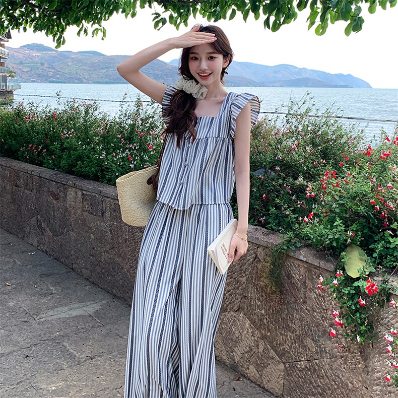 少女风休闲条纹上衣阔腿裤套装女夏2025新款爆款高级感绝美两件套,女装套装/套裙,浙宝276（原081）