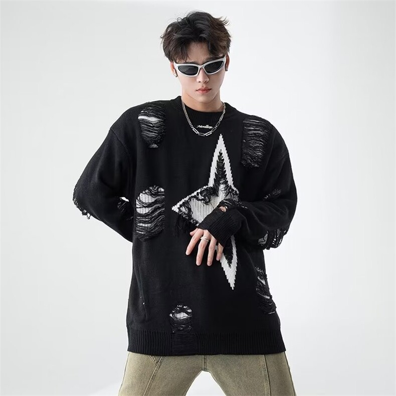 潮流五角星中长款圆领针织毛衣男破坏风假两件百搭毛CP06-P50,男装针织衫/毛衣,星座1109-3