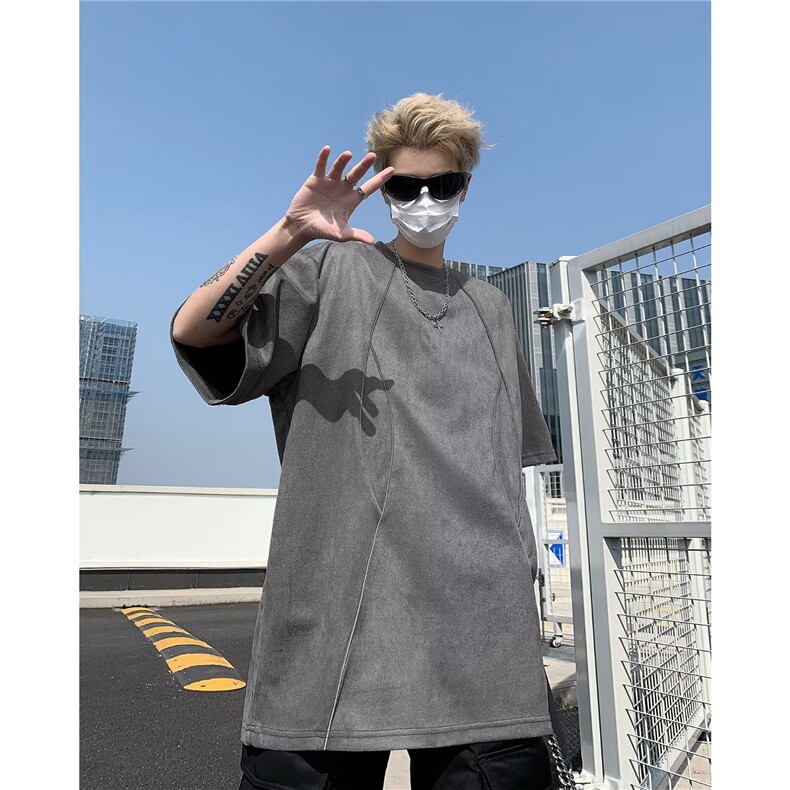 美式高街解构反光条宽松短袖t恤男生夏季潮牌复古麂皮绒上衣情侣,男装T恤,星座601-2