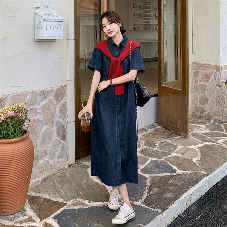 红色披肩牛仔连衣裙女夏美式超好看慵懒风炸街衬衫裙冷淡系爆款,女装连衣裙,2C095