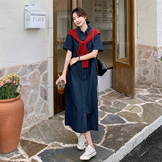 红色披肩牛仔连衣裙女夏美式超好看慵懒风炸街衬衫裙冷淡系爆款，女装连衣裙，2C095