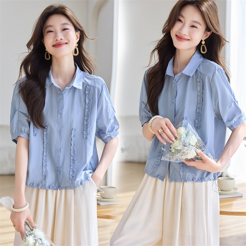 现货2025年春季新款简约百搭时尚透气尚经典木耳边短袖女士衬衣，女装衬衫，木子恋