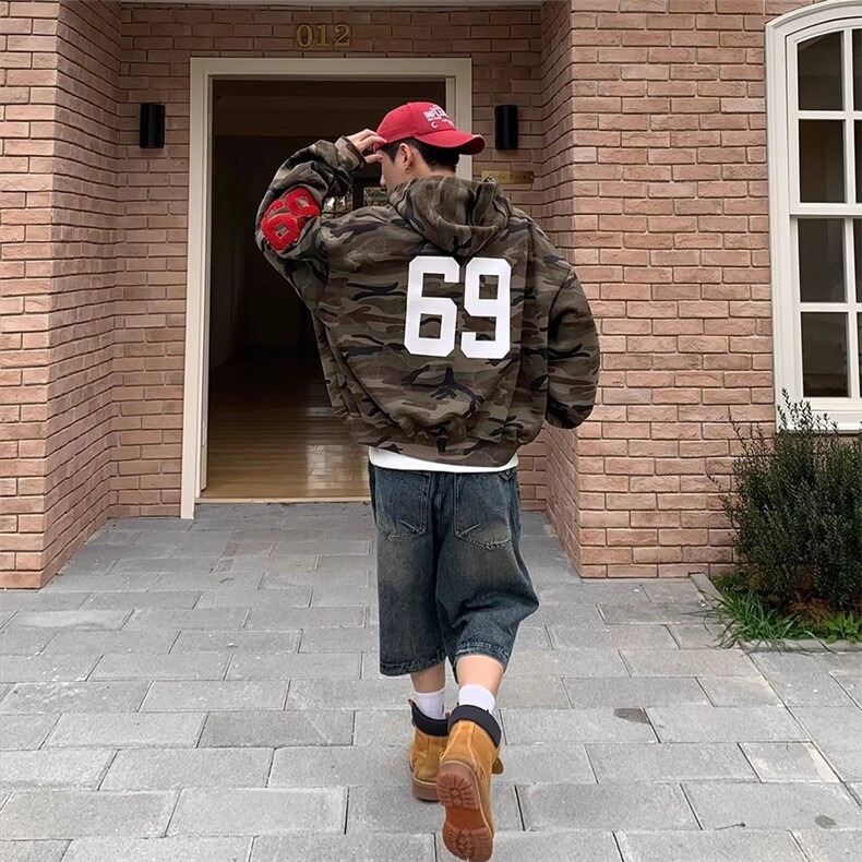 美式潮牌开衫连帽运动衫情侣款高街痞帅感宽松迷彩覆古拉炼外套,女装短外套,星座218-1（原230）