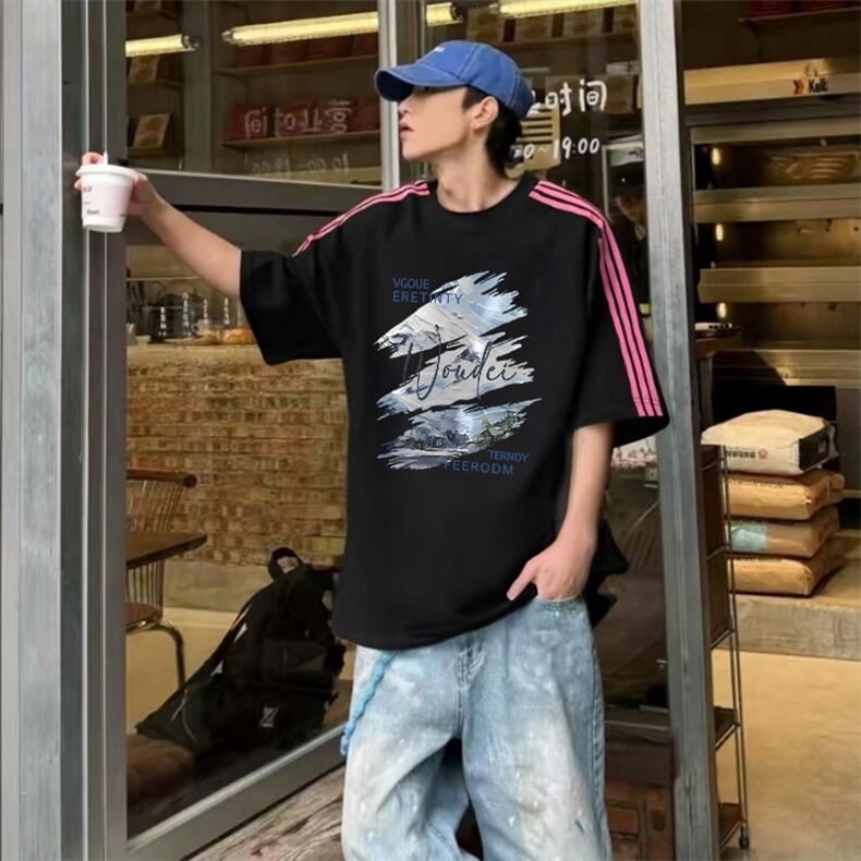 抖音得物品质二开240克宽松纯棉美式潮牌印花三条杠中性风短袖T恤,男装T恤,电商A486