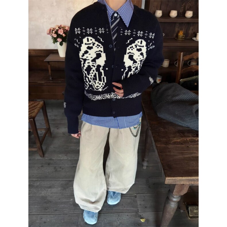 重磅北极绒费尔岛毛衣开衫女男秋季复古宽松慵懒休闲针织外套情侣,男装针织衫/毛衣,四季星座505