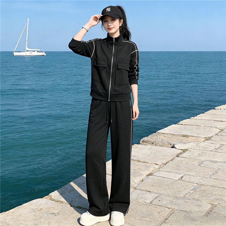 欧货时尚休闲运动套装秋季新款女双口袋立领卫衣直筒长裤两件套潮图片
