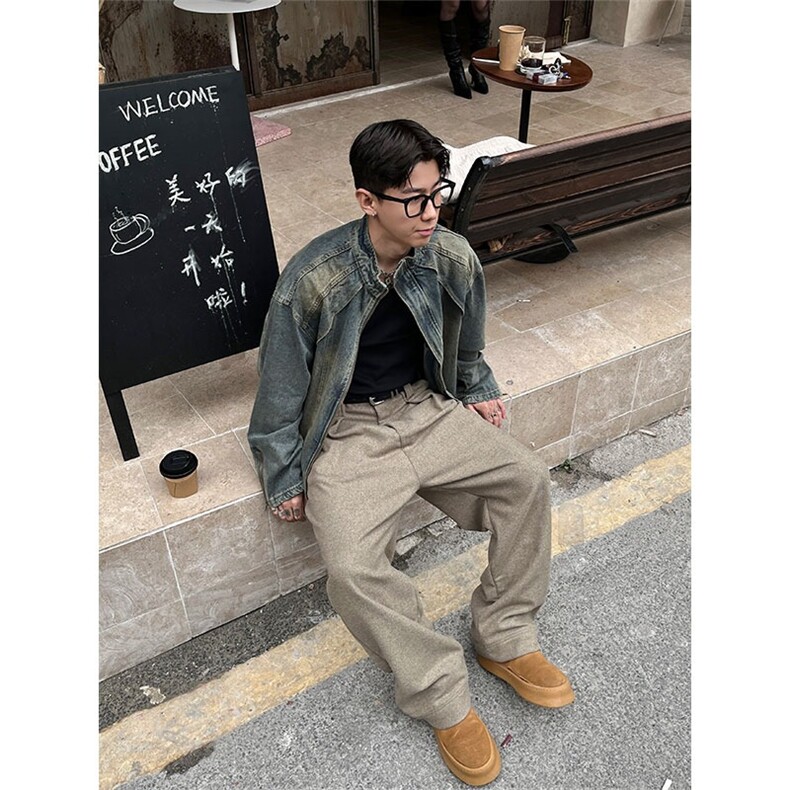 美式复古水洗黄泥染蓝色立领牛仔夹克男款痞帅宽松拉链外套上衣潮,男装工装外套,星座813-3