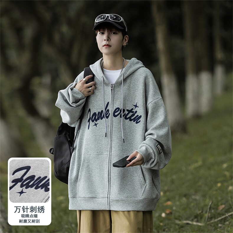 主推M-6XL大码420克重磅华棉秋季连帽刺绣开衫卫衣109-W23619-P65图片