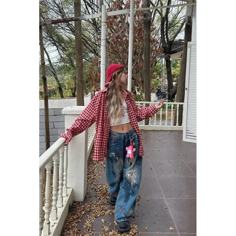 韩系复古红色格子衬衫女新款慵懒宽松百搭衬衣外套LC3833-p35，男装衬衫，星座1008