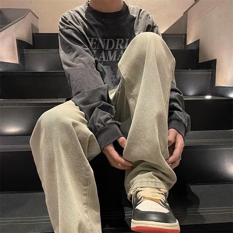 水洗做旧黄泥色修身牛仔裤男女春秋直筒小脚显瘦大码美式高街裤子图片