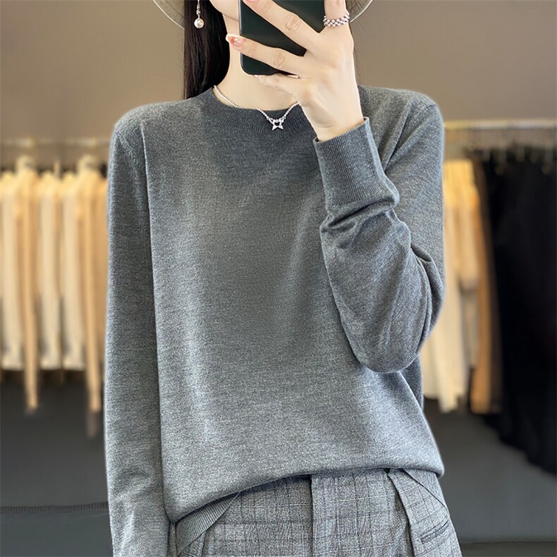 2025春季精纺薄款圆领打底衫上衣女纯色宽松百搭毛衣配大衣,针织衫/毛衣,暖烁特种纱工厂店