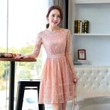 优雅蕾丝连衣裙女夏季新款修身显瘦气质淑女半袖A字裙，女装连衣裙，贵人树