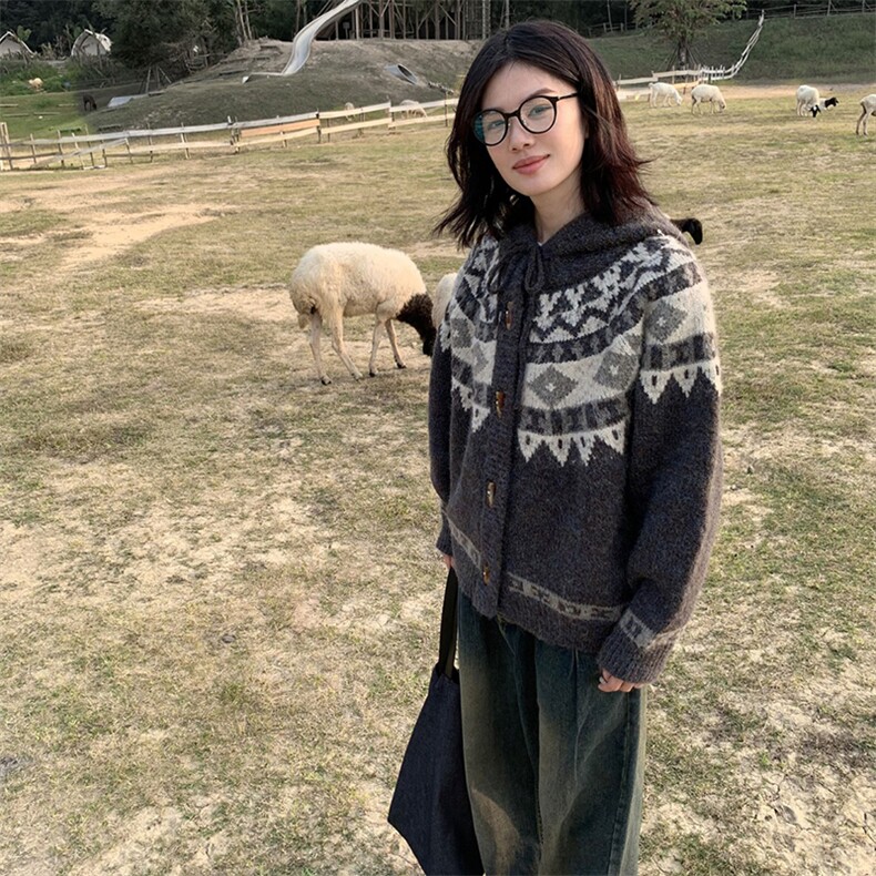 重磅秋冬北极绒开衫毛衣美式复古休闲慵懒风牛角扣针织衫连帽外套,男装针织衫/毛衣,电商A486-1