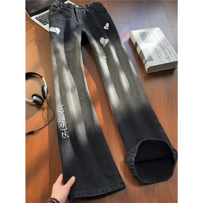 美式复古vibe裤子春秋季高街渐变黑牛仔裤男微喇直筒裤L91900-P47图片