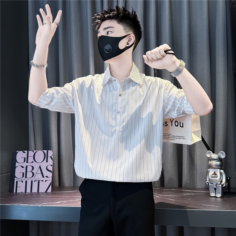条纹七分袖衬衫男痞帅高级感社会小伙店主风301C-CS22-P58控78图片
