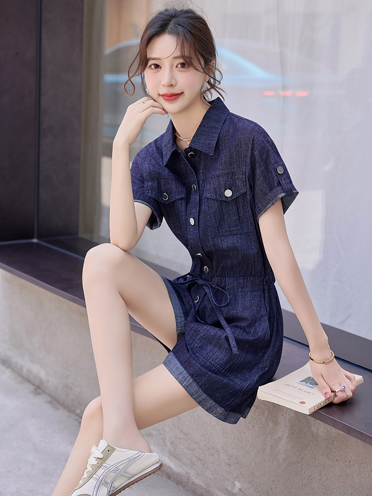 牛仔宽松连体裤女2025夏季新款网红小个子连身短裤高端外穿连衣裤,女装连体裤,E百度