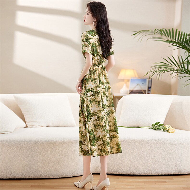 水墨印花连衣裙女夏季2023新款遮肚子显瘦洋气长裙高级感系带裙子,女装连衣裙,牡丹诺