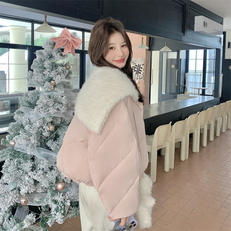 韩系羊羔毛大翻领粉色羽绒服女2025冬季新款小个子超好看保暖外套图片